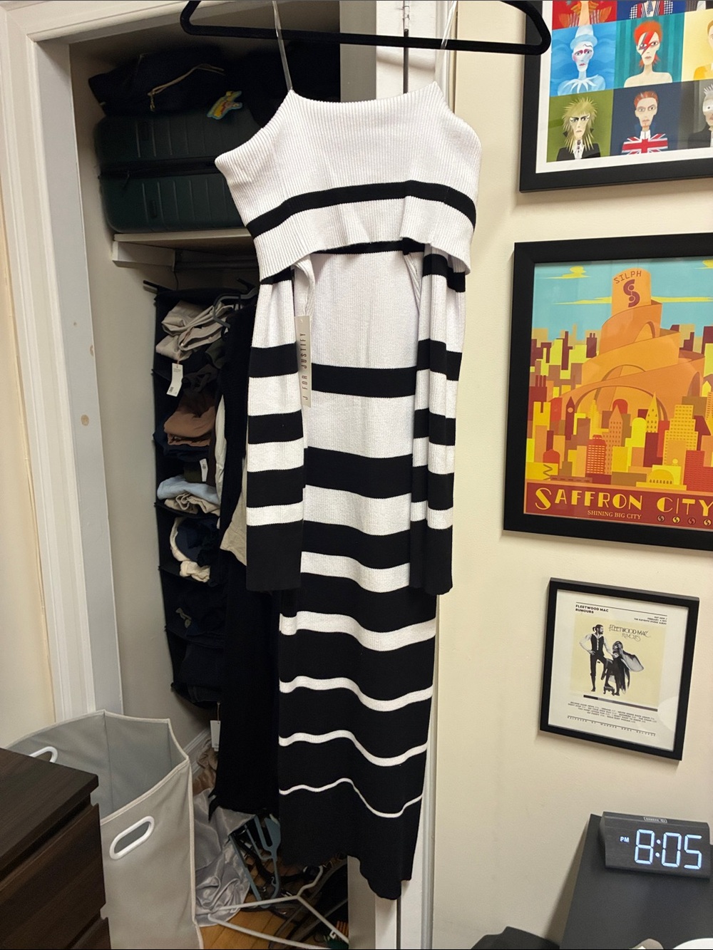 J for Justify Black & White One-Shoulder Striped Maxi Dress